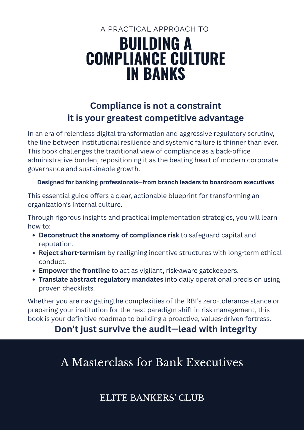 A Practical Approach to Building a Compliance Culture in Banks: A Masterclass for Bank Executives